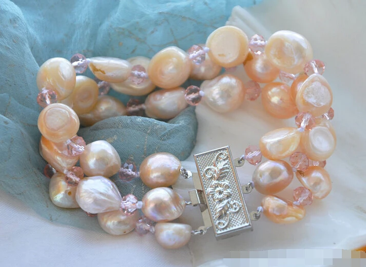 

z5725 3strands 15mm pink baroque FRESHWATER PEARL crystal bracelet 8in @^Noble style Natural Fine jewe SHIPPING new >>free shipp