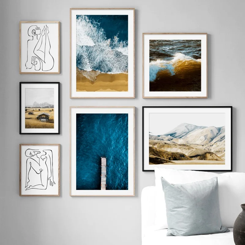 Горный пляж абстрактное боди-арт линия настенная живопись на холсте скандинавские плакаты и принты настенные картины для декора гостиной