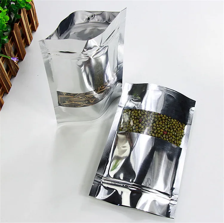 100 шт глянцевая серебряная алюминиевая фольга окно Ziplock мешок стоит вверх Серебряный пластиковый порошок кофе для шоколада упаковка для подарка мешок