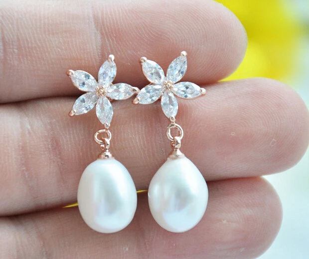 

hot sell new - -hot 00164 natural teardrop white PEARL DANGLE flower rose-gold EARRING