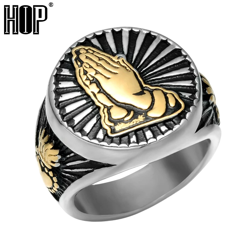 

HIP Vintage Praying Hands Ring Two Tone Titanium Stainless Steel Lucky Rings for Men Punk Jewelry Size 8-13
