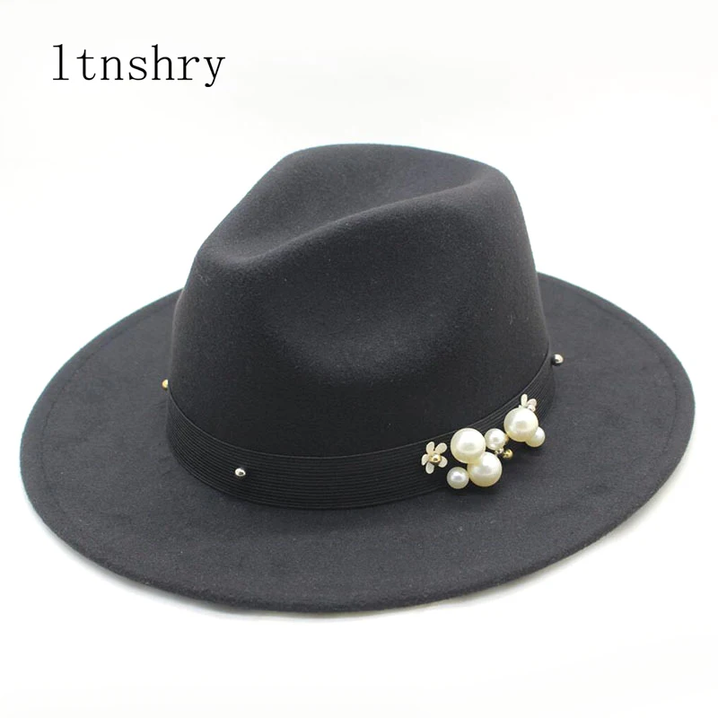 

2019 new Brand women's Pearls Fedora black Hat For noble Woolen Wide Brim Jazz Church Cap Vintage Panama Sun Top Hat