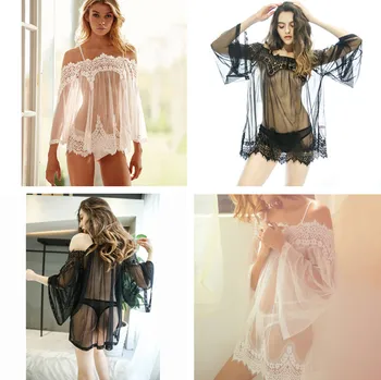 

Sexy women Pajamas white eyelash lace underwear stitching perspective strapless sexy strap nightdress mesh gauze lingerie