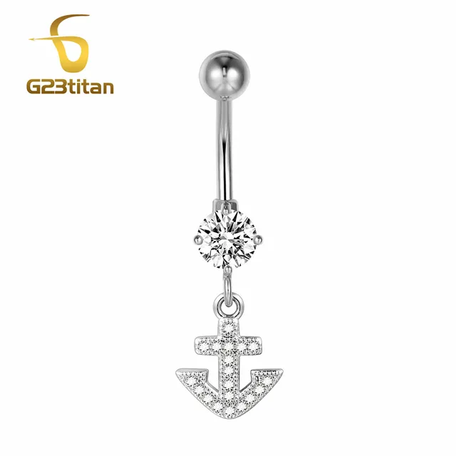G23titan Silver Color Rhinestone Anchor Belly Button Ring Women Men