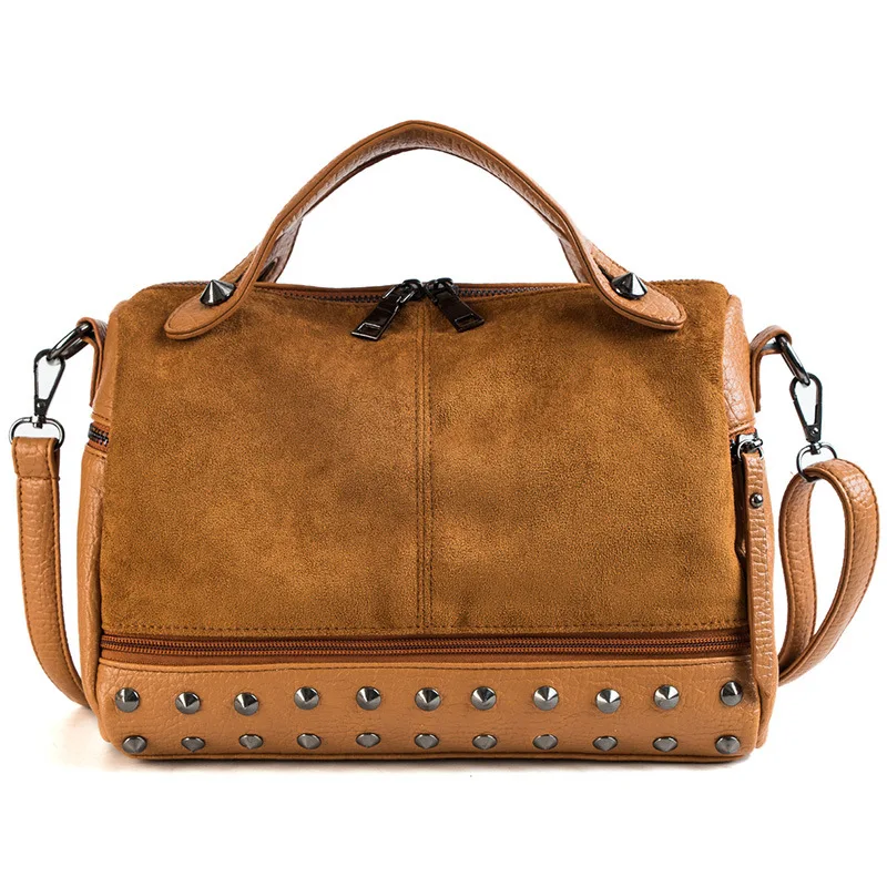 

New Faux Velvet Boston Women Handbag Luxury Brand Designer Rivet Lady Tote Bag Punk Style Female Crossbody Bags Dropshipping