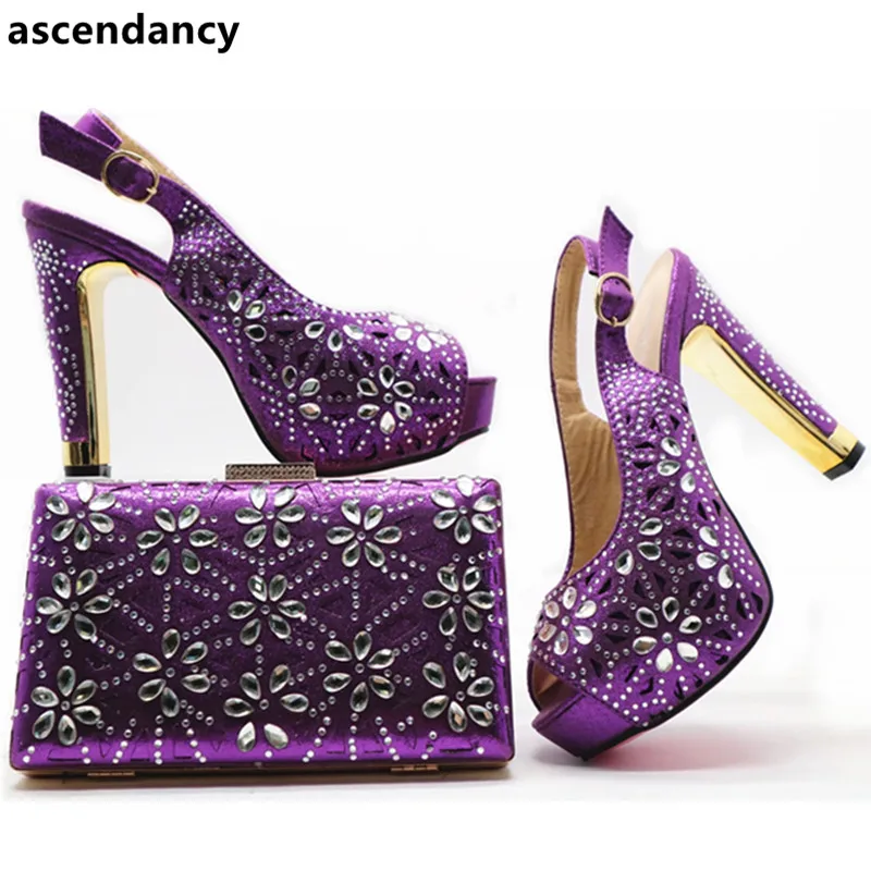 

New Arrival Italian Shoes with Matching Bags Set Decorated with Rhinestone Shoe and Bag Set African Sets 2018 Party Shoe and Bag
