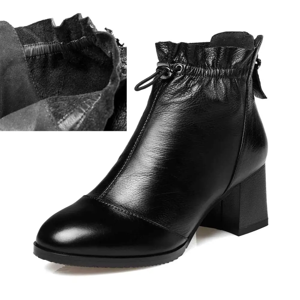 Kickway/женские ботинки из натуральной кожи; женские ботильоны; черные ботинки на толстом каблуке средней высоты; женская обувь с молнией сзади; botas mujer; размеры 34-42 - Цвет: Black No Fake Fur