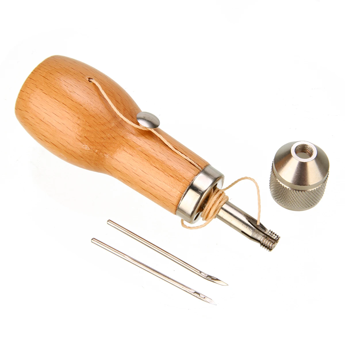 1pc New Speedy Sewing Awll Wooden Handle Leather Craft Tool With Waxed Thread And Needles