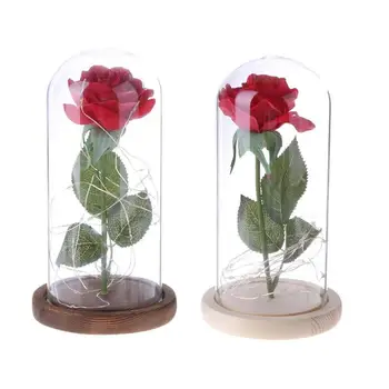 

LED Artificial Rose Flower with Lighting Strings Romantic Wedding Decor Glass Cover with Wooden Base for Christmas Birthday Gift