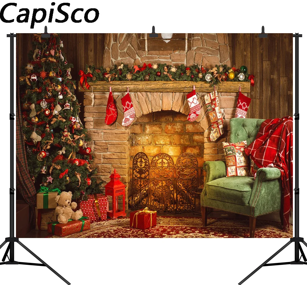 Capisco Indoor Fireplace Merry Christmas Photo Background Printed Xmas Tree Toy Bear Gifts Chair New Year Photography Backdrops Capisco Indoor Fireplace Merry Christmas Photo Background Printed Xmas Tree Toy Bear Gifts Chair New Year Photography Backdrops