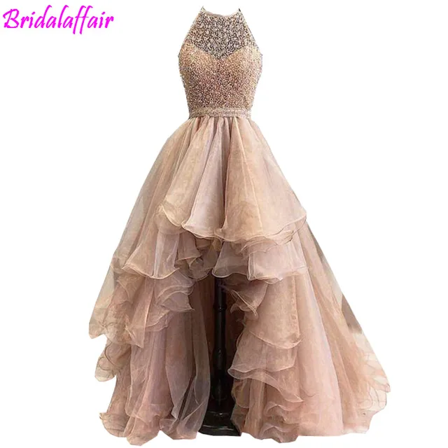 Rose Gold High Low 2017 A line Prom Dresses Lace Jewel Illusion ...