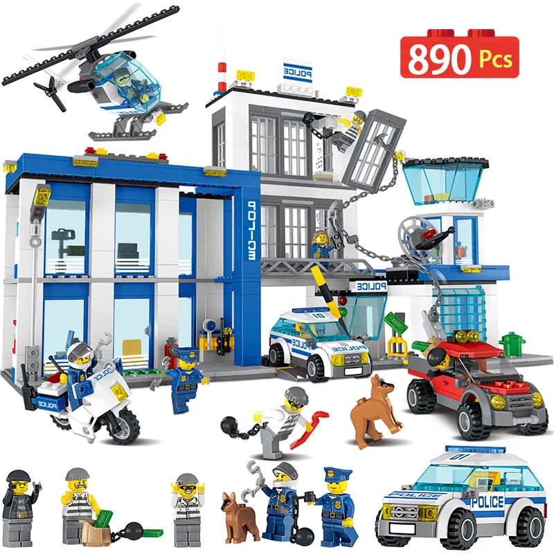 

890PCS City Police Helicopter Model Building Blocks Compatible Legoingly Police Headquarters Bricks Figures Toys For Children