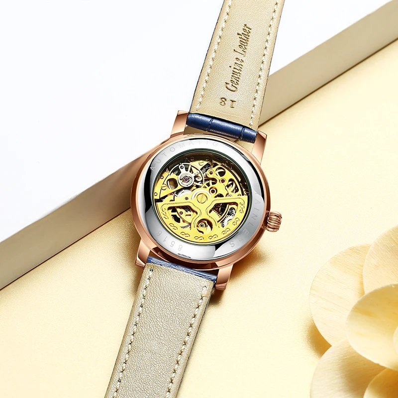HAIQIN женские механические часы с скелетом, роскошное Брендовое женское кожаное платье, водонепроницаемые женские Автоматические часы Montre Femme