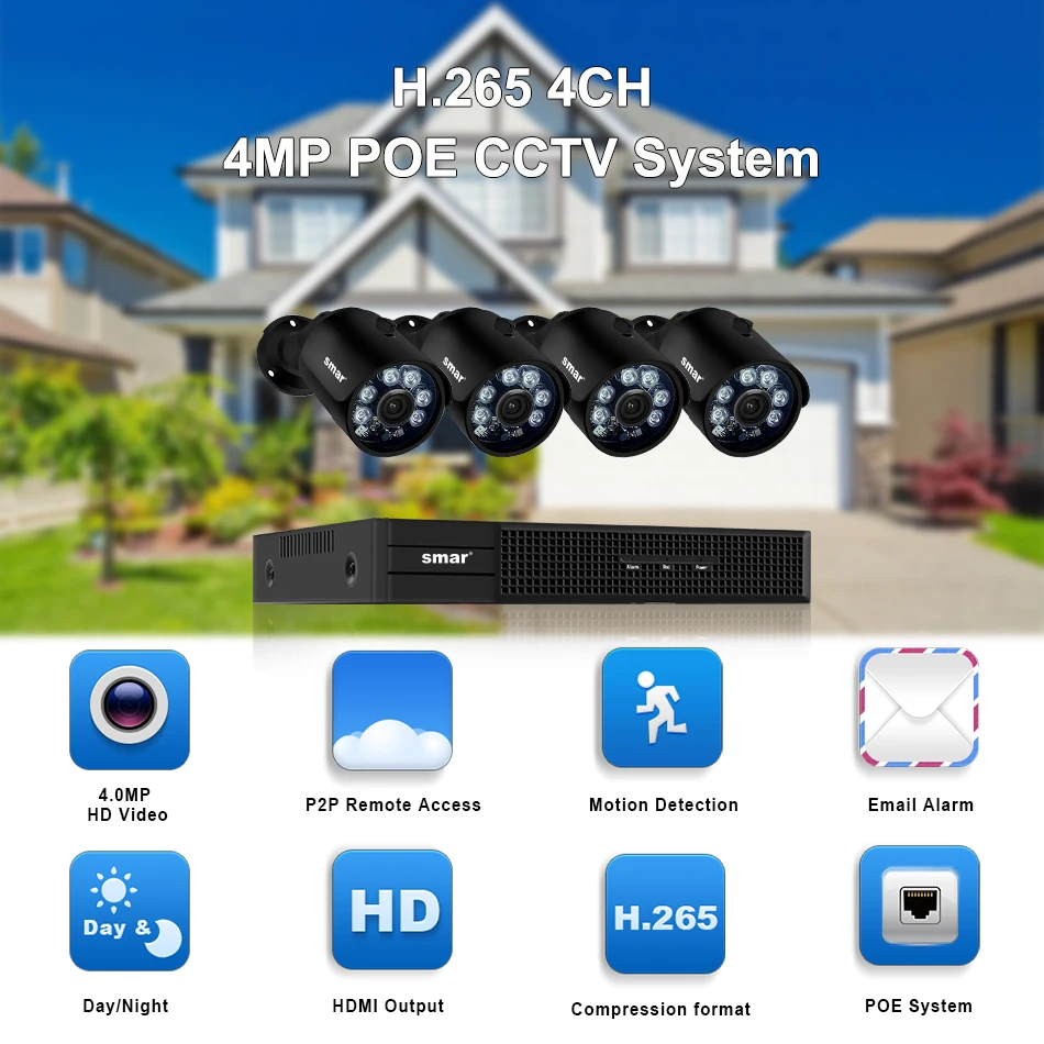 Smar H.265 4MP Surveillance CCTV System 4CH POE NVR Kit 4MP Bullet PoE IP Camera Waterproof Outdoor Video Surveillance Kit (1)
