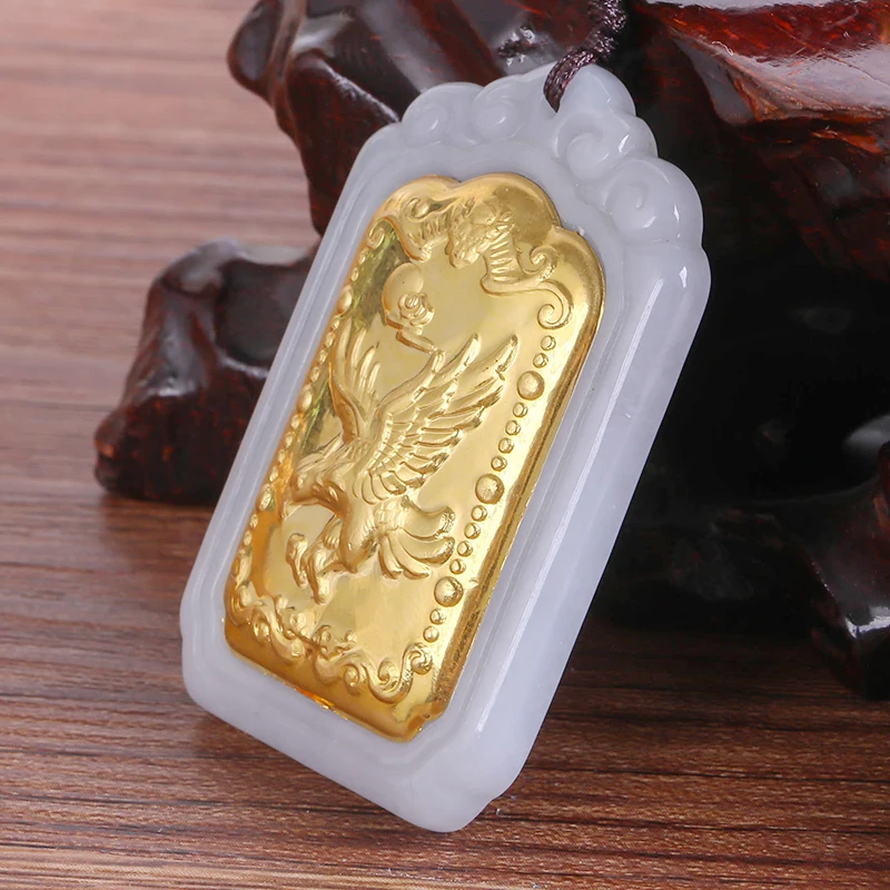 Genuine and Tian Yu mosaic gold eagle PENDANT Men jade Eagle Wings Jade pendant free shipping 48*33*8mm Fine Jewelry