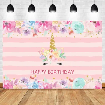 

Unicorn Happy Birthday Backdrop Pink Stripe Golden Unicorn Watercolor Flower Background Party Banner Cake Table Decoration