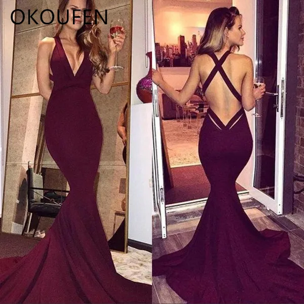 Simple Burgundy Prom Dresses 2019 Sexy Mermaid Backless Sleeveless Sweep Train Long Party Dresses Evening Gowns Formal Wear=