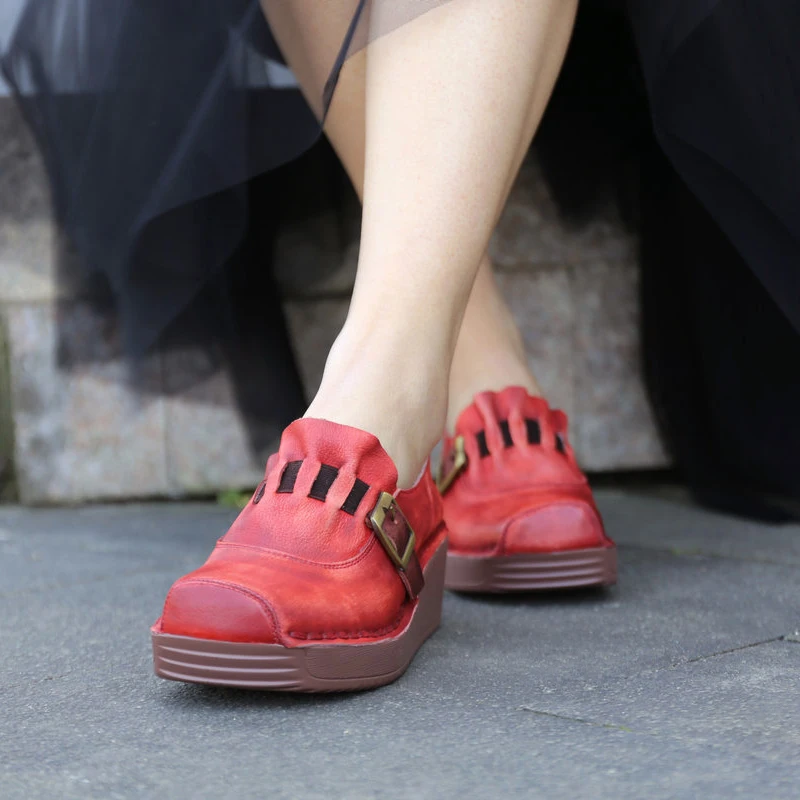 

Women Leather Pumps Red 5 CM High Heel Lady Wedge Shoes Spring 2019 Buckle Fashion Handmade Genuine Leather Women Pumps Slip On