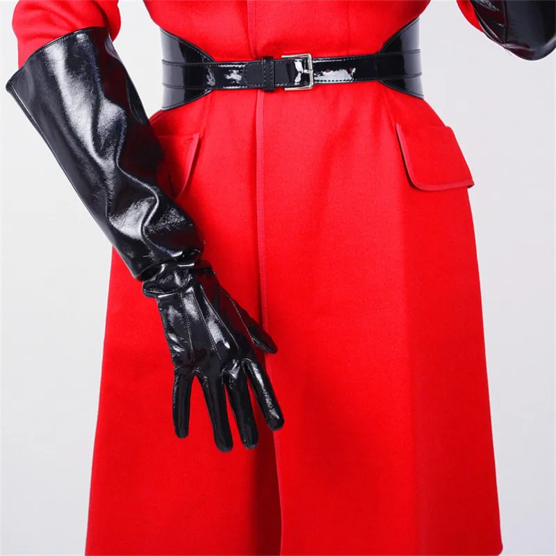 Long Leather Gloves Wide Cuff Lantern Sleeve Simulation Leather Three Bars White Black 50cm Woman Patent Leather PU Gloves P69