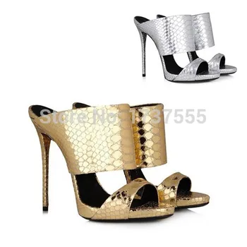 

Rome Style Fashion Shoes Women Gladiator Sandals Embossed Snakeshin Stiletto Heels Summer Female Sandals Sliver Gold