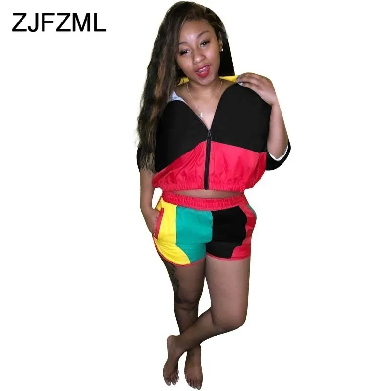 

Contrast Color Patchwork 2 Piece Set Women Turn Down Collar Short Sleeve Trench+Elastic Waist Shorts Summer Sportswear Tracksuit