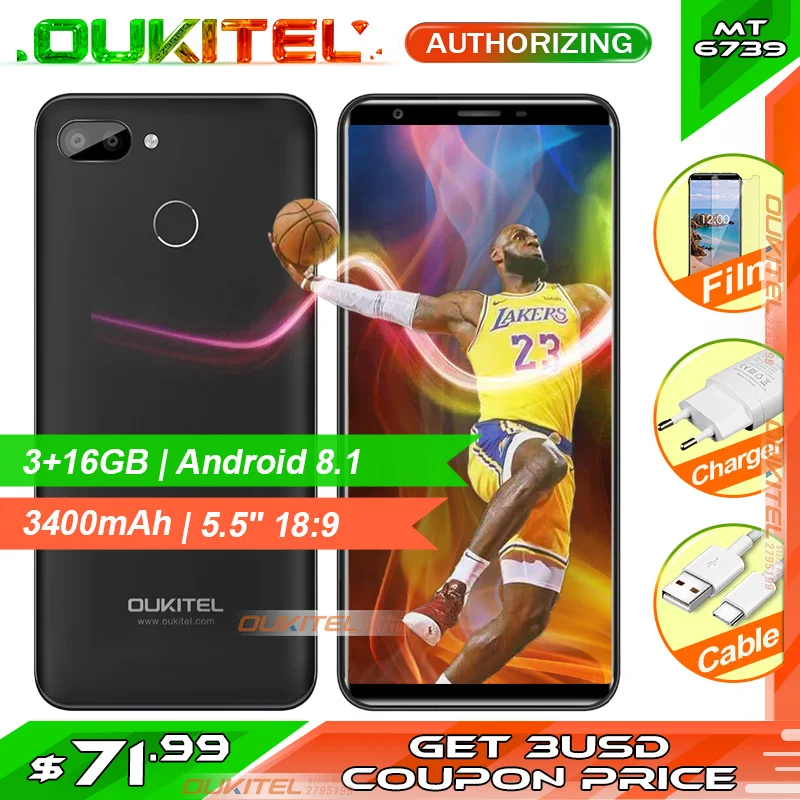 

OUKITEL C11 Pro 5.5" 18:9 MTK6739 Quad Core Face ID 4G LTE Smartphone 3G RAM 16G ROM 8MP+2MP/2MP Android 8.1 Mobile Phone