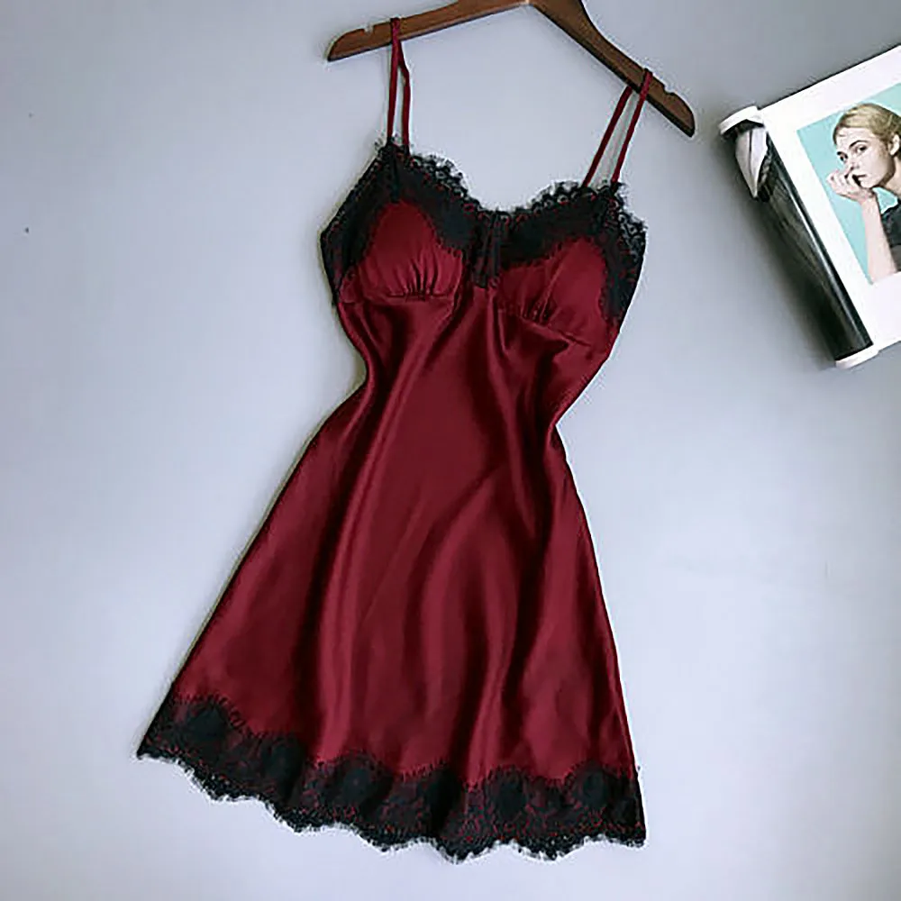 Lace Deep V-neck Nightdress Sexy Lingerie Nightgowns Sleepwear Night Dress Women Sleeveless Nightwear Faux Silk Satin Nightshirt