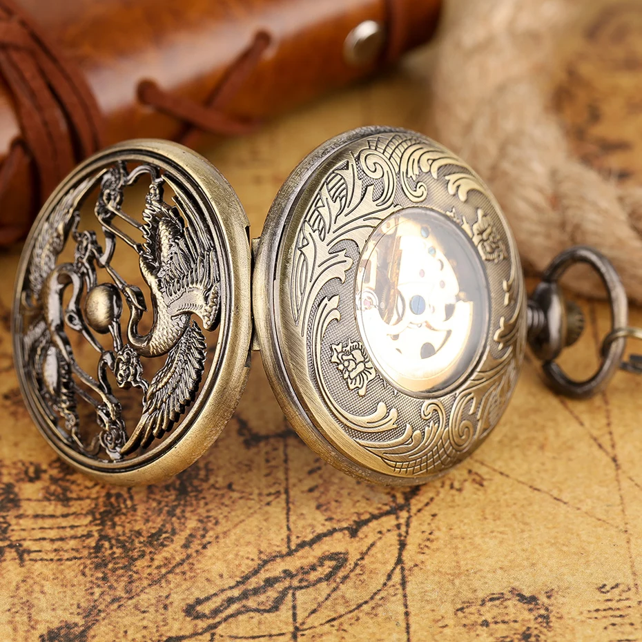 Top Luxury Mechanical Hand Wind Pocket Watch Bronze Carving Phoniex Roman Numbers Fob Hour Men Women Pendant Gift Xmas Birthday  (11)