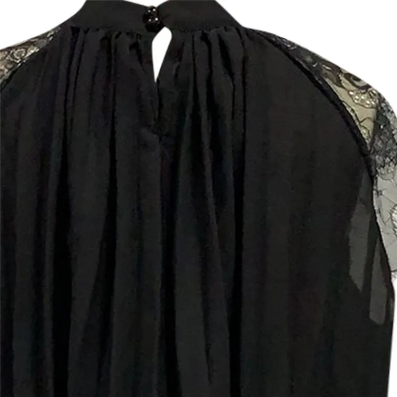Women Clothes Summer O-Neck Lace stitching pleated loose chiffon Shirt Top Daily Fashion Casual Ladies Tops #4M19 (8)