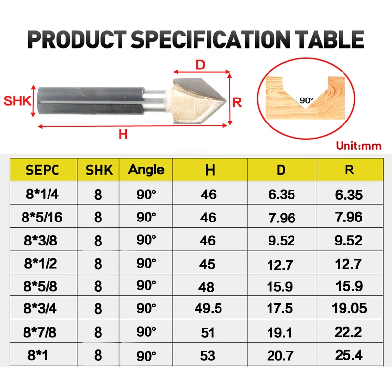 Tideway 8 мм хвостовик V тип долбежный резак профессиональные фрезы для дерева 90 град Вольфрам Деревообработка Резьба Инструменты