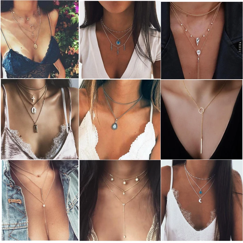 

Long Chain Crystal Moon Star Round Pendant Necklaces Ethnic Bohemian Choker Necklace for Women Drop Shipping