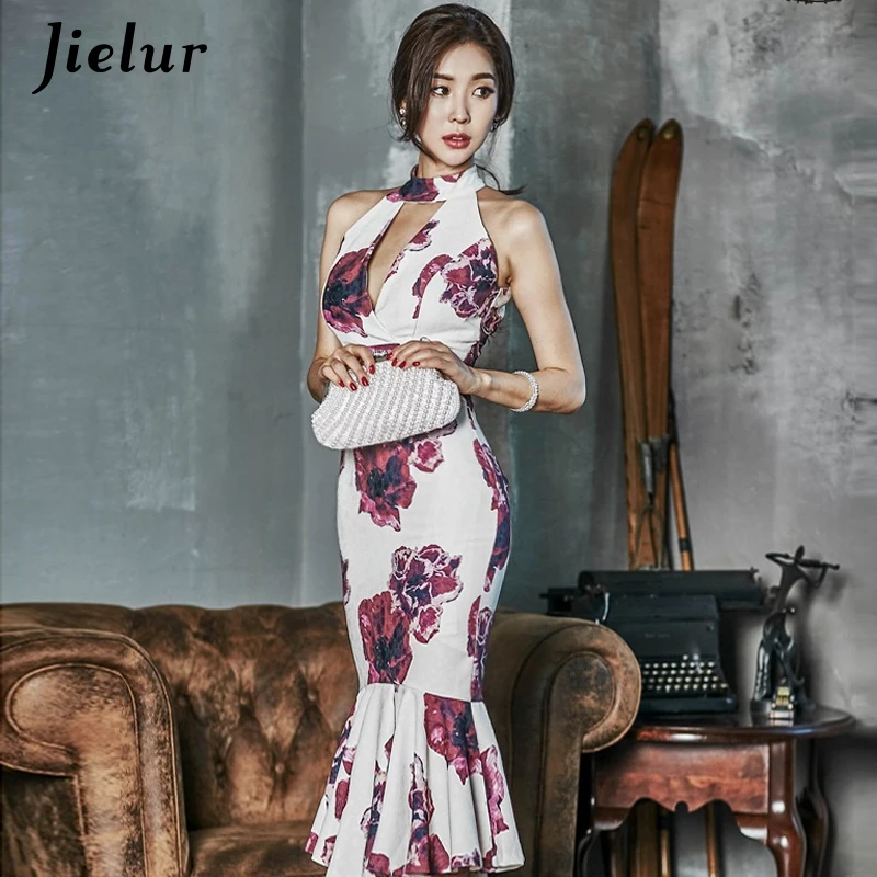

Jielur Print Trumpet Dress Womans Chinese Style Sexy Skinny Bodycon Dress Female Vintage Summer Casual Hollow Out Elegant Robe