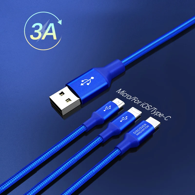 Универсальный нейлоновый зарядный кабель 3 в 1 адаптер для iOS iPhone USB Type C разъем Micro