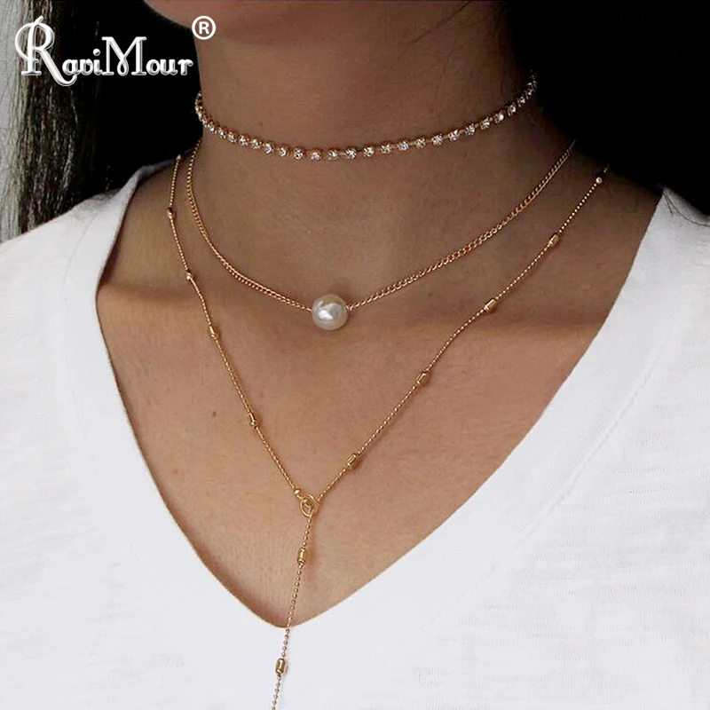 RAVIMOUR, колье с кристаллами, Femme, длинная цепочка, массивные чокеры, ожерелья с искусственным жемчугом для женщин, богемное многослойное богемное ювелирное изделие