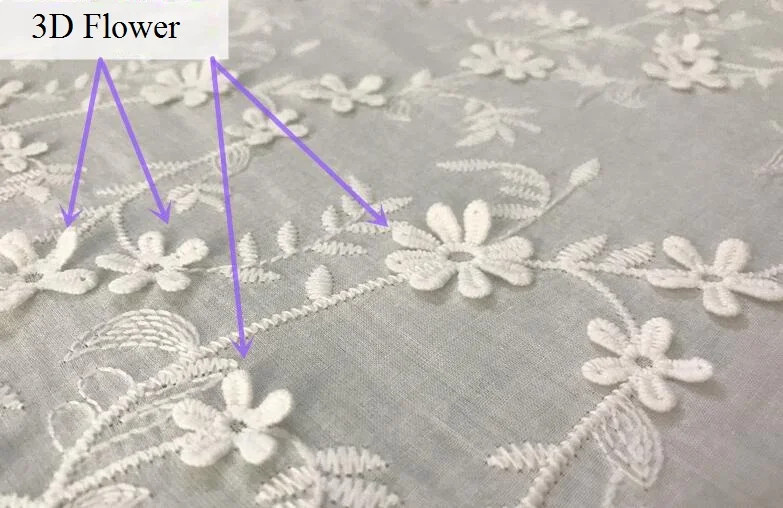 New 1yard 125cm Wide White Pure Cotton+Royan Floral 3D Embrodered Fabric Double Side Cotton Cloth Embroidery X180