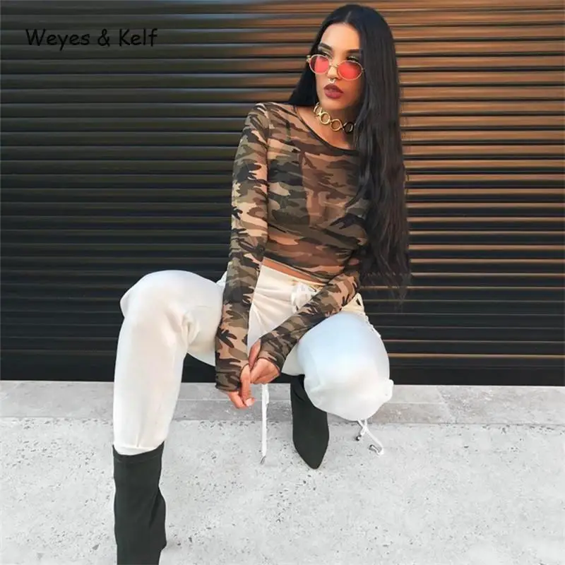 Weyes& Kelf Сексуальная камуфляжная футболка с длинными рукавами женская Весна полые сетчатые повседневные футболки сексуальная летняя футболка Женские Короткие топы
