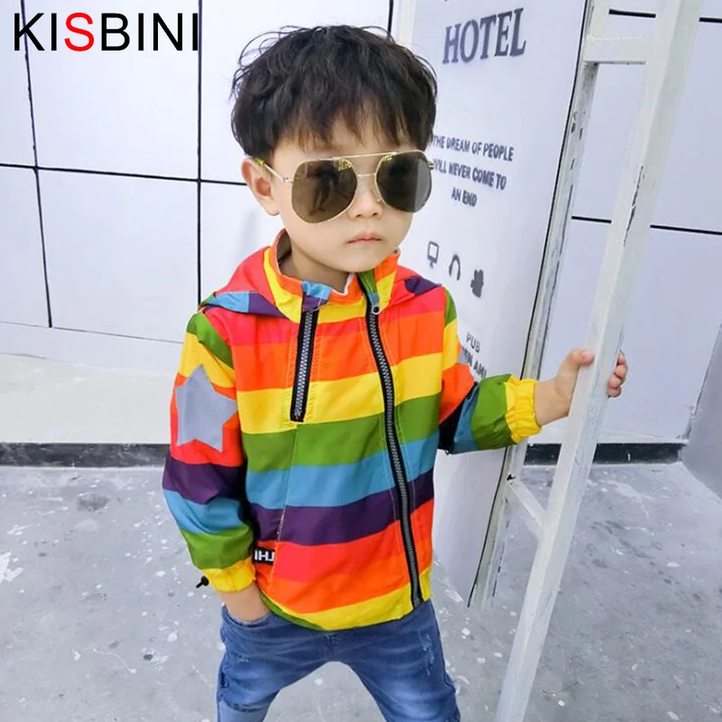 Best  KISBINI New Boys Girl Jacket Rainbow Color Striped Hooded Zipper Coats For Kids Children Baby Windb