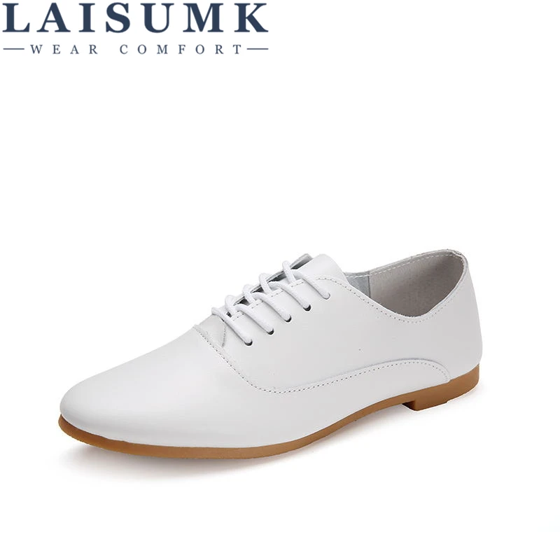 

LAISUMK Autumn Women Oxford Shoes Ballerina Flats Woman Genuine Leather Shoes Moccasins Lace Up Loafers White Shoes Slipony