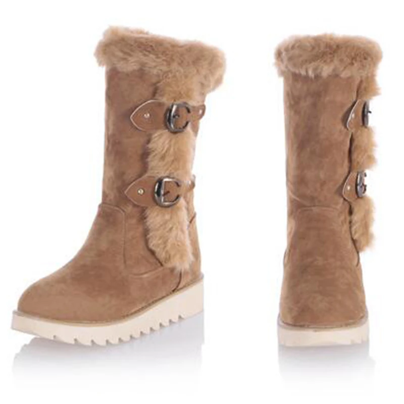 COVOYYAR/большие размеры, г. Теплые зимние ботинки женские ботинки до середины икры на меху платформа с пряжкой, женские ботинки на танкетке, зимняя обувь, WBS830