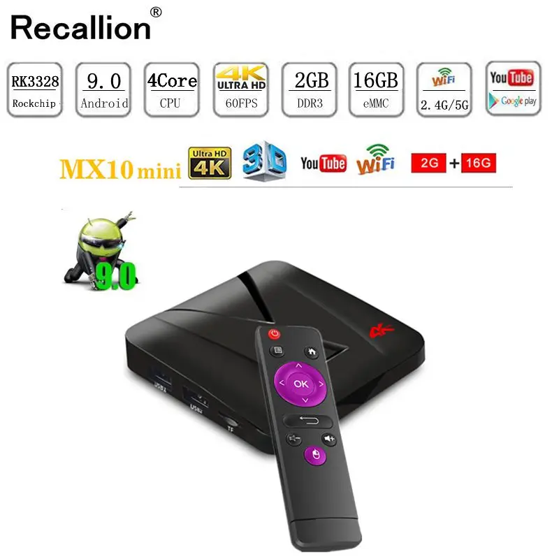 

RECALLION MX10 Mini TV Box RK3328 Quad Core Android 9.0 2GB RAM 16GB ROM HDTV Smart TV Set Top Box 4K 3D WiFi H.265 Media Player