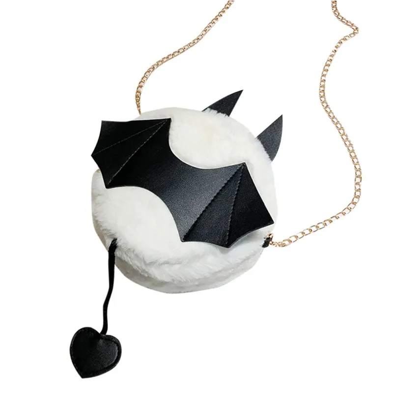 

Messenger Bag Small Round Devil Bat Pattern Vintage Simple Style Zipper Fluffy Chain Single Shoulder Bags Women Lady Daypack