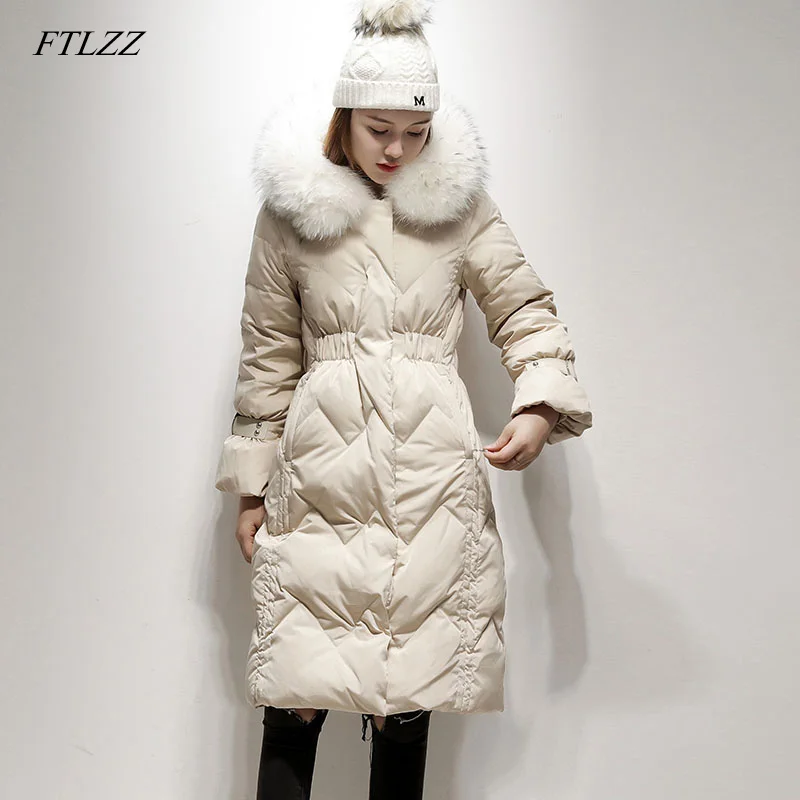 

FTLZZ Women Winter Real Raccoon Fur Parkas Coat Hooded White Duck Down Jacket Medium Long Slim Thickening Female Snow Outwear