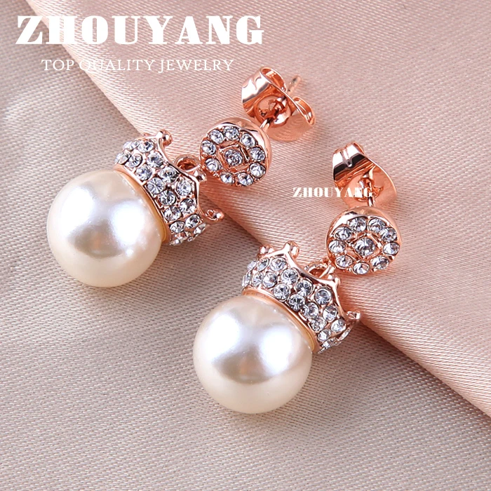 ZHOUYANG ZYE163 Imitation Pearl Rose Gold Color Stud Earrings Jewelry Made with Genuine Austrian Crystal Wholesale
