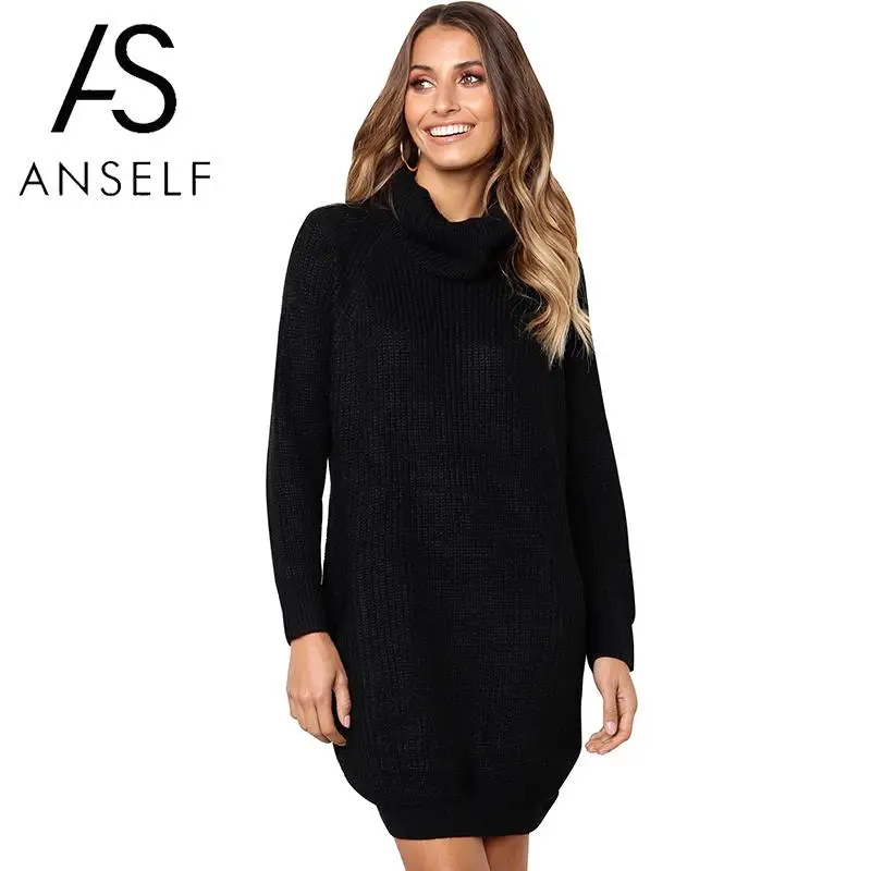 Anself Winter Warm Dress Women Knitted Turtleneck Long