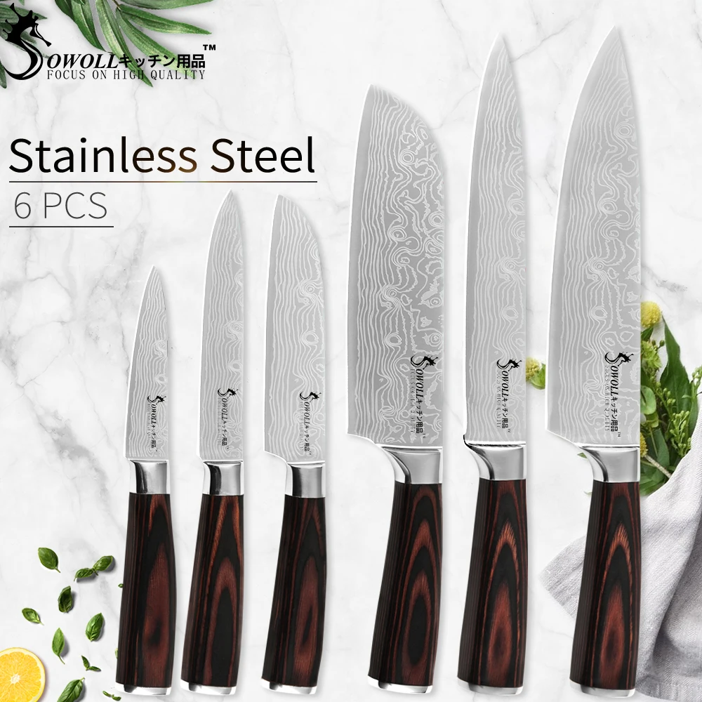 

Sowoll Kitchen Stainless Steel Knives Set Damascus Pattern Blade Color Wood Handle Knife Kitchen Gadgets Cooking Tools 6PCS