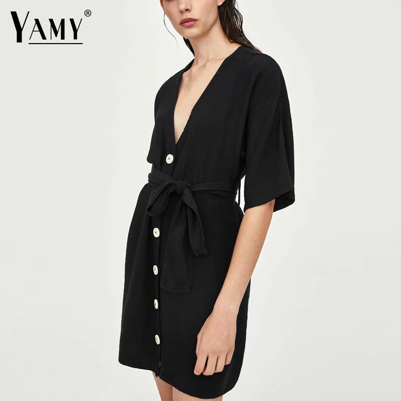 

Vintage button cotton linen dress women summer dress Sexy v neck short sleeve black mini dress Casual sashes beach dress vestido
