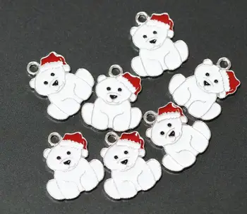 

20 PCS White Enamel Bear Christmas Hat Charm Pendant DIY Jewelry 21X 25MM