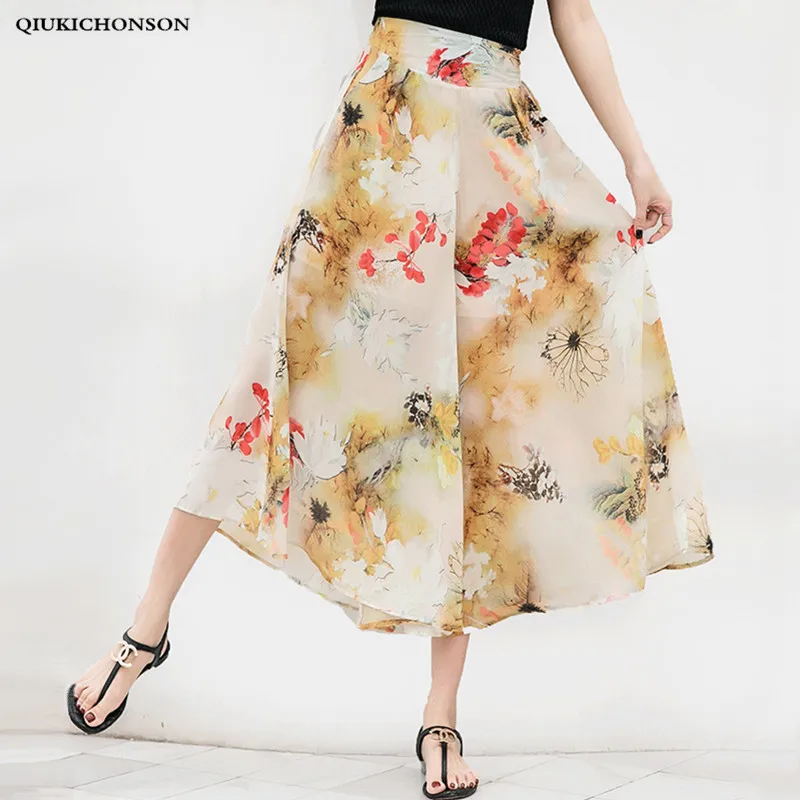 

Summer Floral Chiffon Pants Women Bohemian Wide Leg Trousers Asymmetrical Casual Loose Culottes Pants High Waisted palazzo mujer