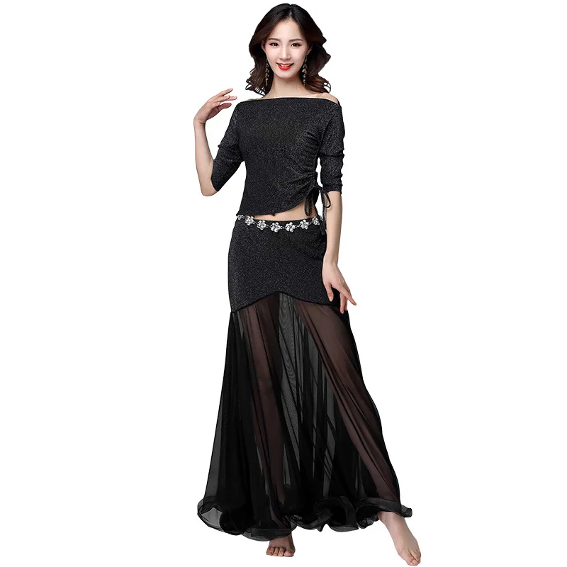 New Fashion Women Belly Dance Clothing Stretchy Shinny Fabric Off Shoulder Ruffles Maxi Long Skirts Bellydance Costume Set 2pcs