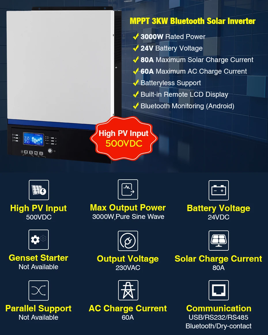 Bluetooth инвертор 3000 Вт 500Vdc PV 230Vac 24Vdc 80A MPPT Солнечное зарядное устройство поддержка мобильного мониторинга USB lcd управление